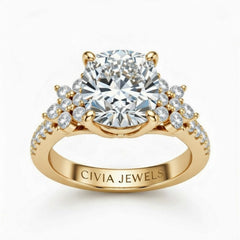 Yellow Gold Cushion Cut Engagement Ring With Floral Diamond Cluster Sides And Pavé Band