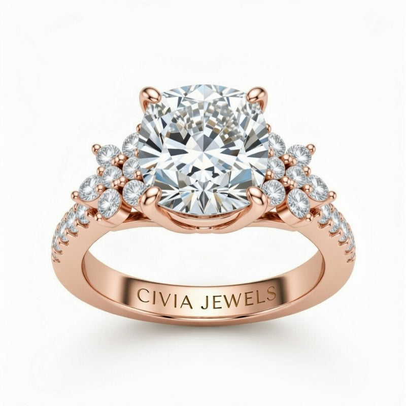 Rose Gold Cushion Cut Engagement Ring With Floral Diamond Cluster Sides And Pavé Band