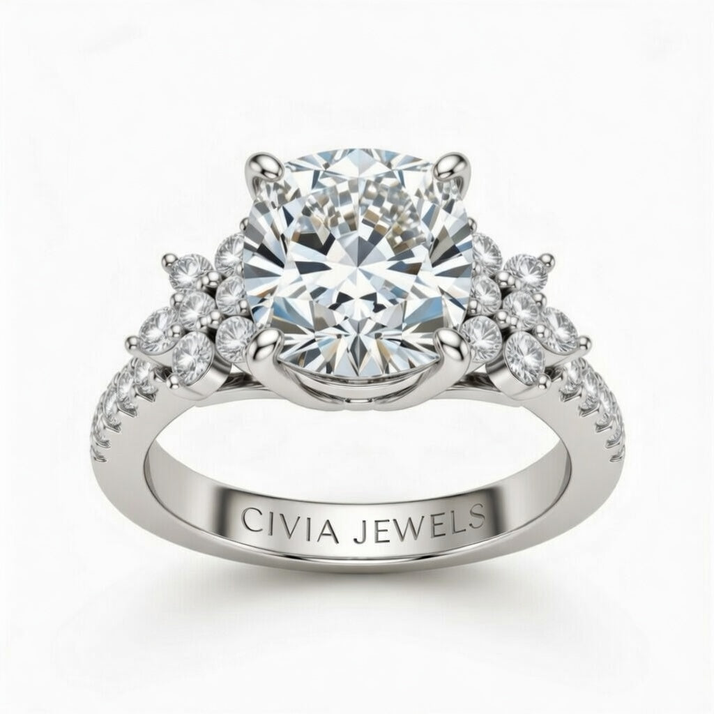 White Gold Cushion Cut Engagement Ring With Floral Diamond Cluster Sides And Pavé Band
