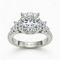 Silver Cushion Cut Engagement Ring With Floral Diamond Cluster Sides And Pavé Band