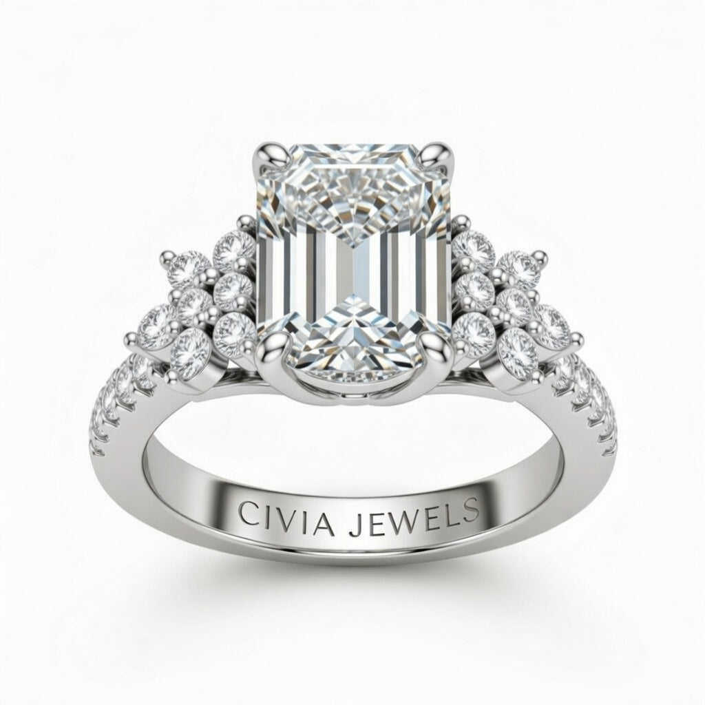 White Gold Emerald Cut Engagement Ring With Floral Diamond Cluster Sides And Pavé Band