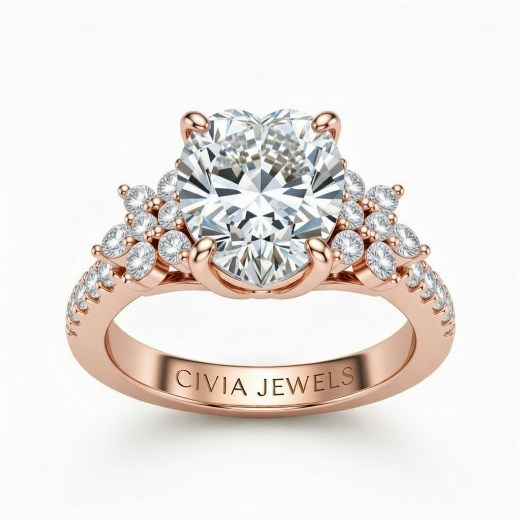 Rose Gold Heart Cut Engagement Ring With Floral Diamond Cluster Sides And Pavé Band