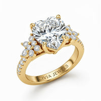 Yellow Gold Heart Cut Engagement Ring With Floral Diamond Cluster Sides And Pavé Band