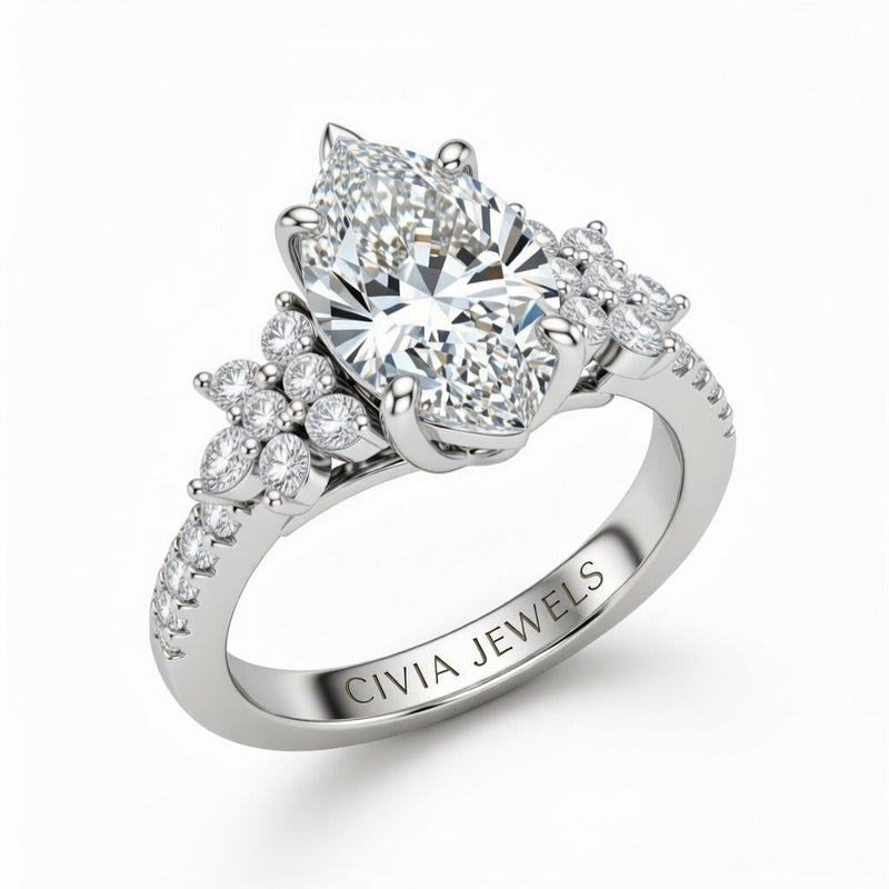 Silver Marquise Cut Engagement Ring With Floral Diamond Cluster Sides And Pavé Band