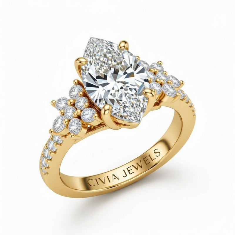 Yellow Gold Marquise Cut Engagement Ring With Floral Diamond Cluster Sides And Pavé Band