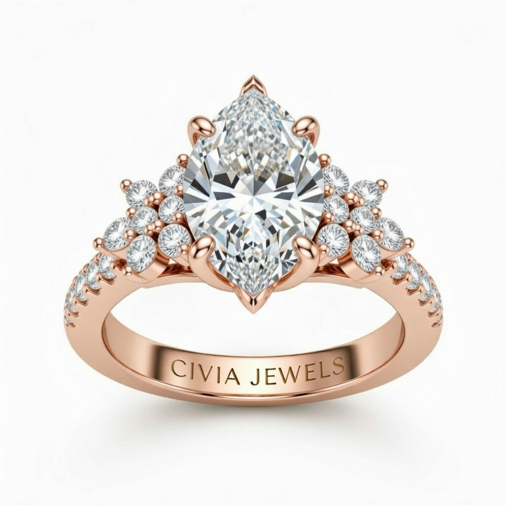 Rose Gold Marquise Cut Engagement Ring With Floral Diamond Cluster Sides And Pavé Band