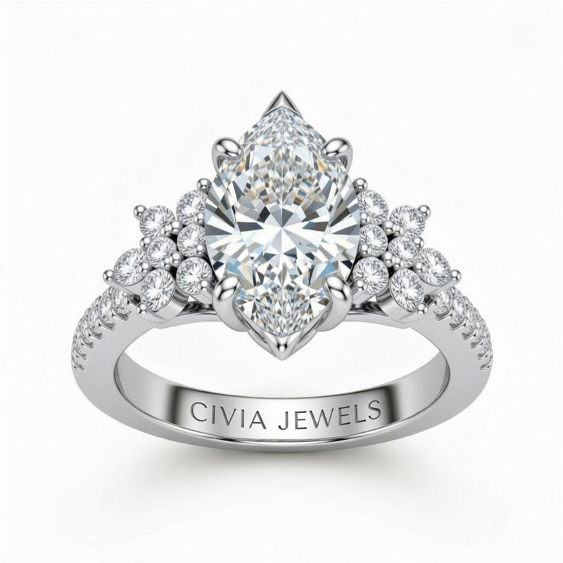 White Gold Marquise Cut Engagement Ring With Floral Diamond Cluster Sides And Pavé Band