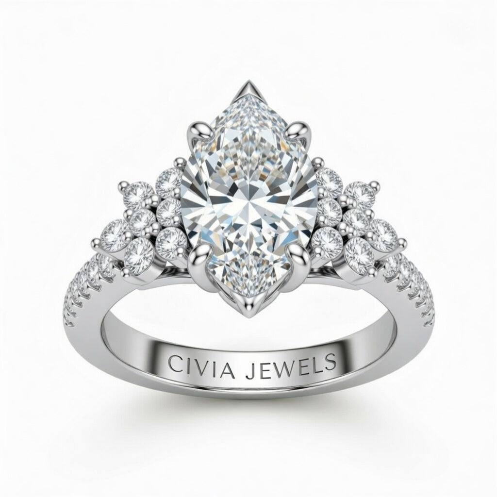 White Gold Marquise Cut Engagement Ring With Floral Diamond Cluster Sides And Pavé Band