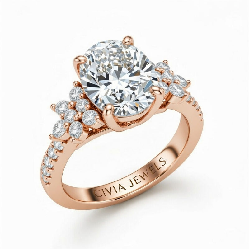 Rose Gold Oval Cut Engagement Ring With Floral Diamond Cluster Sides And Pavé Band