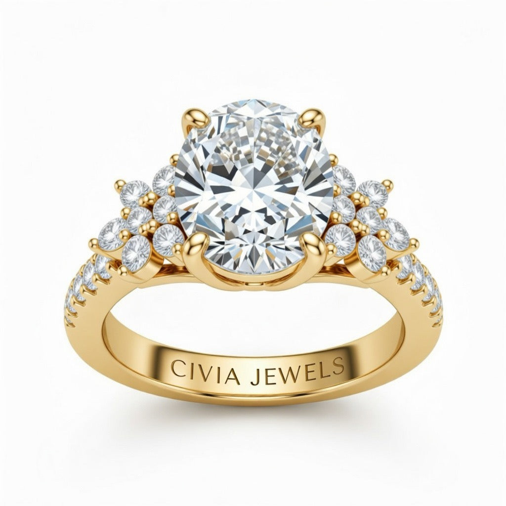Yellow Gold Oval Cut Engagement Ring With Floral Diamond Cluster Sides And Pavé Band
