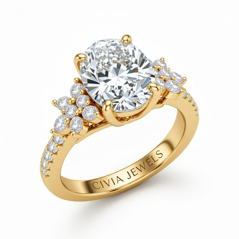 Yellow Gold Oval Cut Engagement Ring With Floral Diamond Cluster Sides And Pavé Band