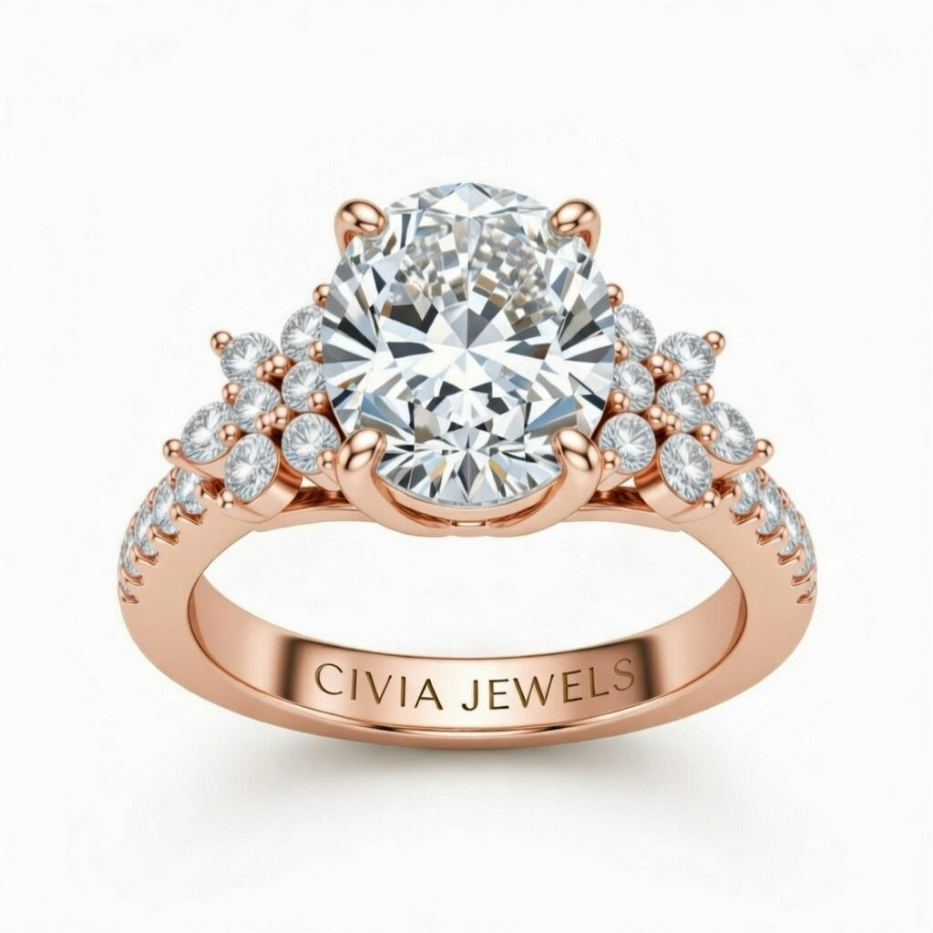 Rose Gold Oval Cut Engagement Ring With Floral Diamond Cluster Sides And Pavé Band