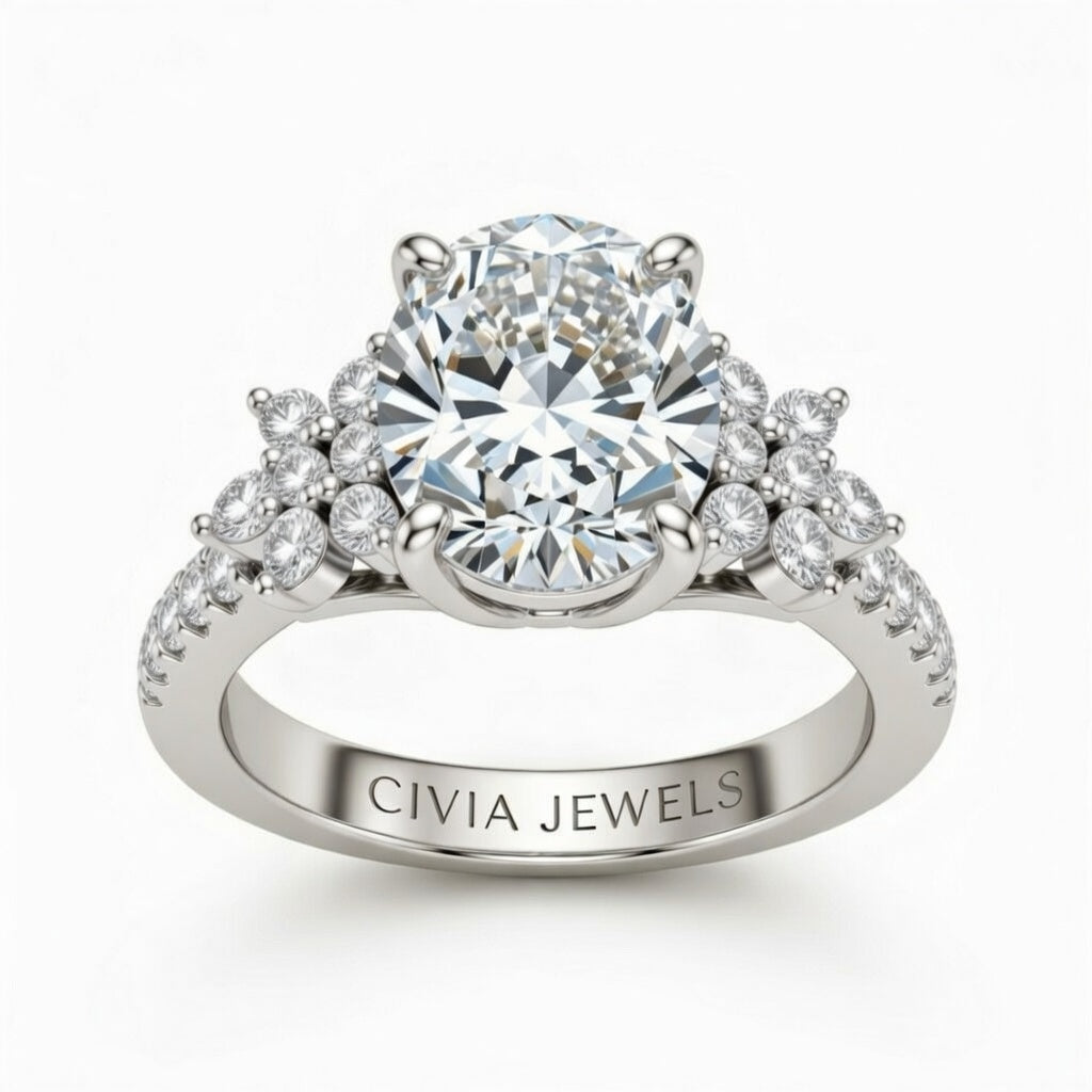 Silver Oval Cut Engagement Ring With Floral Diamond Cluster Sides And Pavé Band