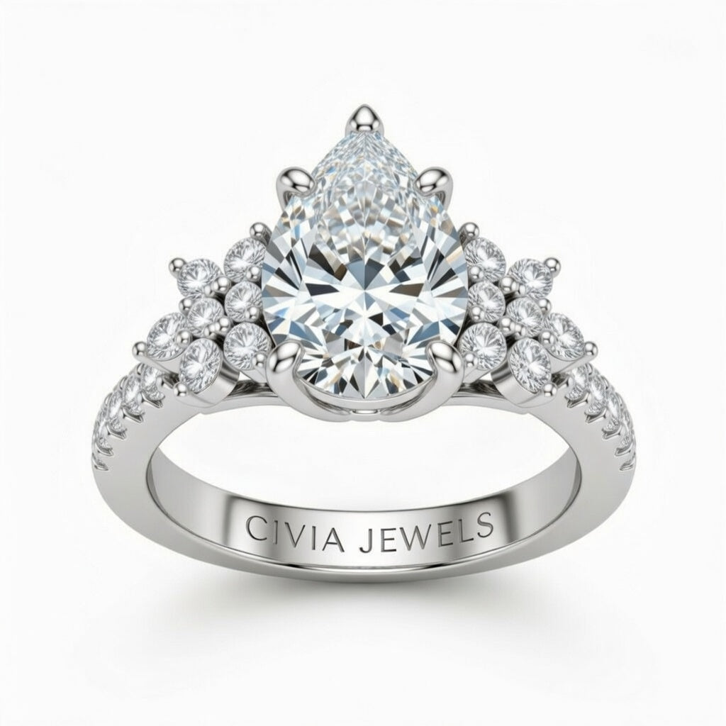 Silver Pear Cut Engagement Ring With Floral Diamond Cluster Sides And Pavé Band