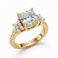 Yellow Gold Princess Cut Engagement Ring With Floral Diamond Cluster Sides And Pavé Band