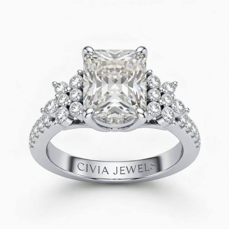 Silver Princess Cut Engagement Ring With Floral Diamond Cluster Sides And Pavé Band