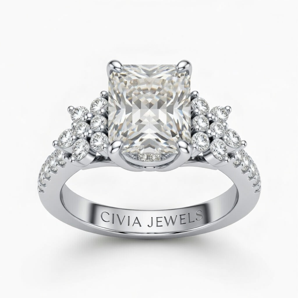 Silver Princess Cut Engagement Ring With Floral Diamond Cluster Sides And Pavé Band