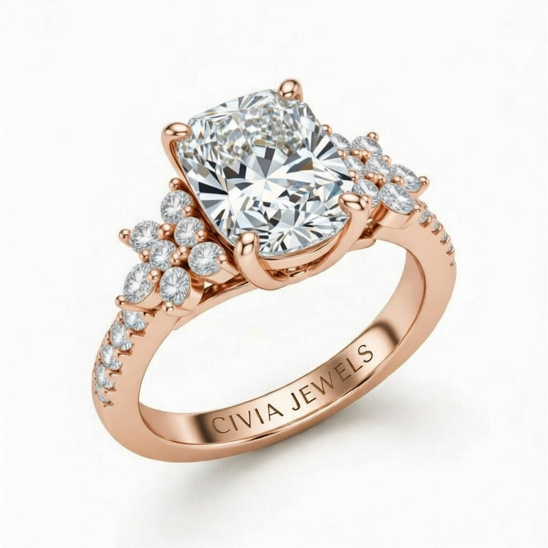 Rose Gold Radiant Cut Engagement Ring With Floral Diamond Cluster Sides And Pavé Band