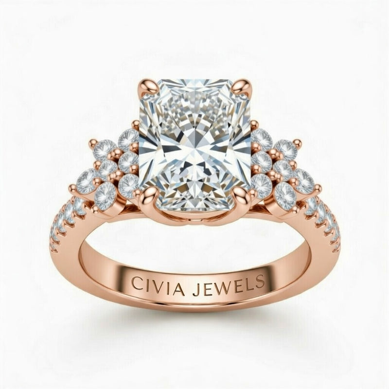 Rose Gold Radiant Cut Engagement Ring With Floral Diamond Cluster Sides And Pavé Band