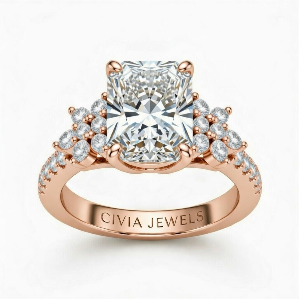 Rose Gold Radiant Cut Engagement Ring With Floral Diamond Cluster Sides And Pavé Band