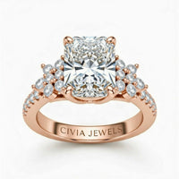 Rose Gold Radiant Cut Engagement Ring With Floral Diamond Cluster Sides And Pavé Band