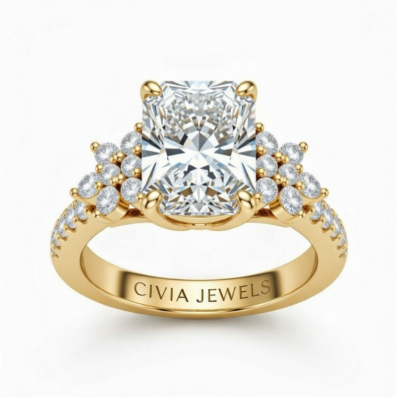 Yellow Gold Radiant Cut Engagement Ring With Floral Diamond Cluster Sides And Pavé Band