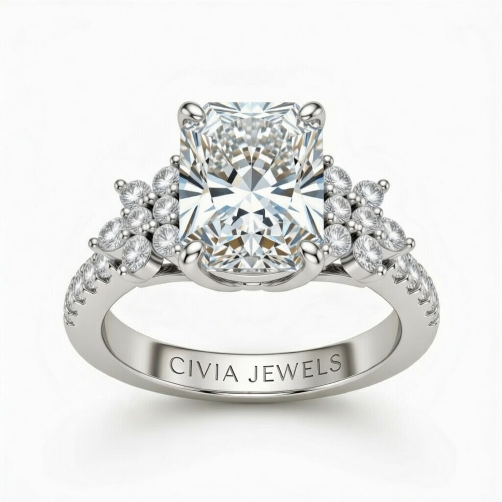 White Gold Radiant Cut Engagement Ring With Floral Diamond Cluster Sides And Pavé Band