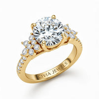 Yellow Gold Round Cut Engagement Ring With Floral Diamond Cluster Sides And Pavé Band