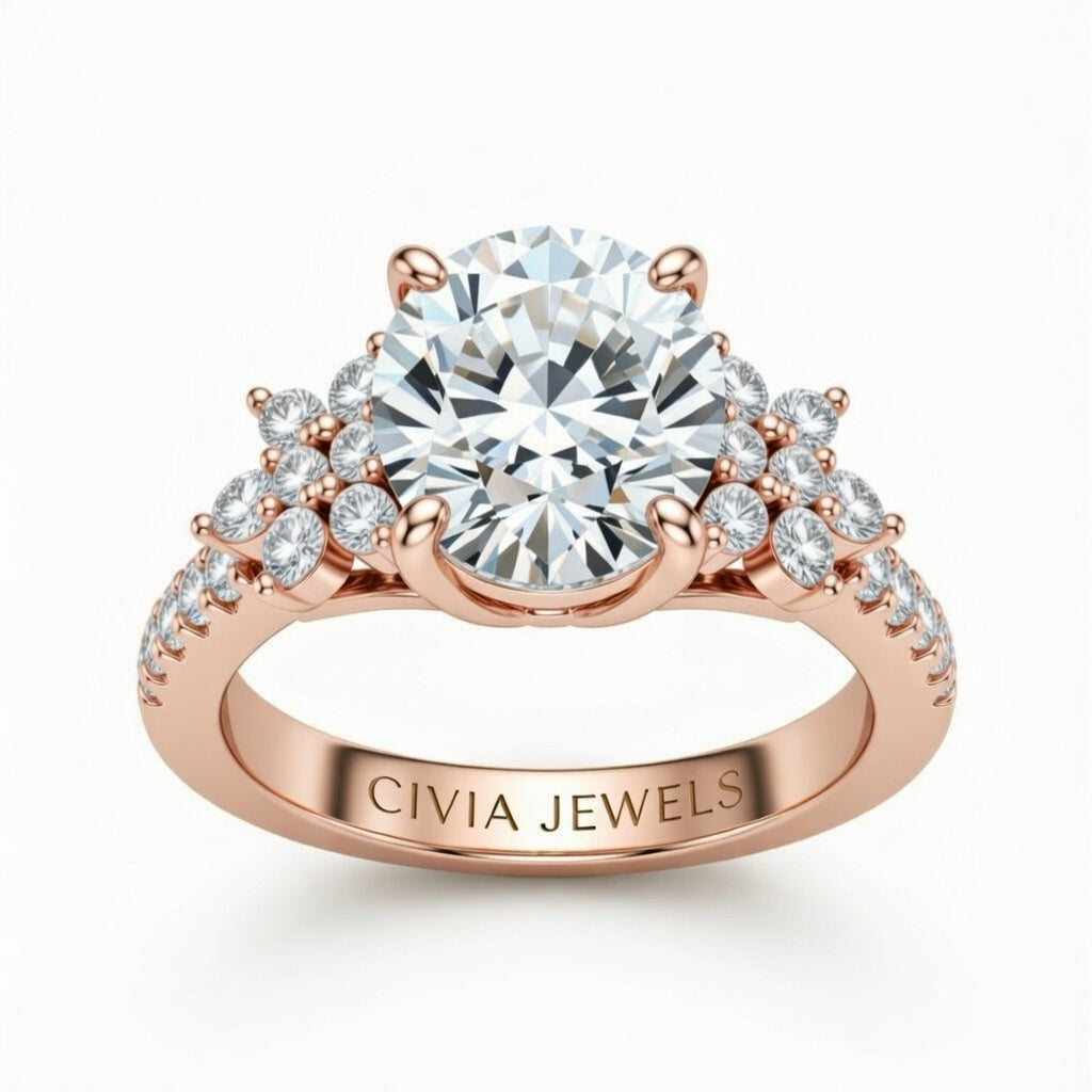 Rose Gold Round Cut Engagement Ring With Floral Diamond Cluster Sides And Pavé Band