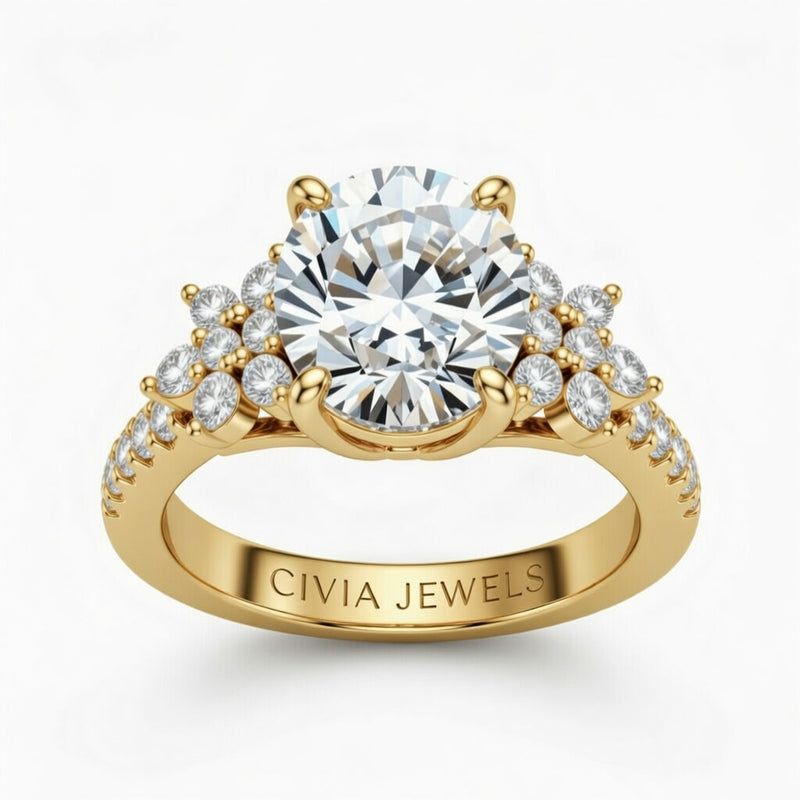 Yellow Gold Round Cut Engagement Ring With Floral Diamond Cluster Sides And Pavé Band
