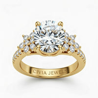 Yellow Gold Round Cut Engagement Ring With Floral Diamond Cluster Sides And Pavé Band