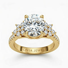 Yellow Gold Round Cut Engagement Ring With Floral Diamond Cluster Sides And Pavé Band
