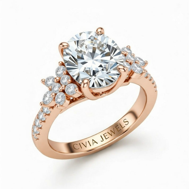 Rose Gold Round Cut Engagement Ring With Floral Diamond Cluster Sides And Pavé Band