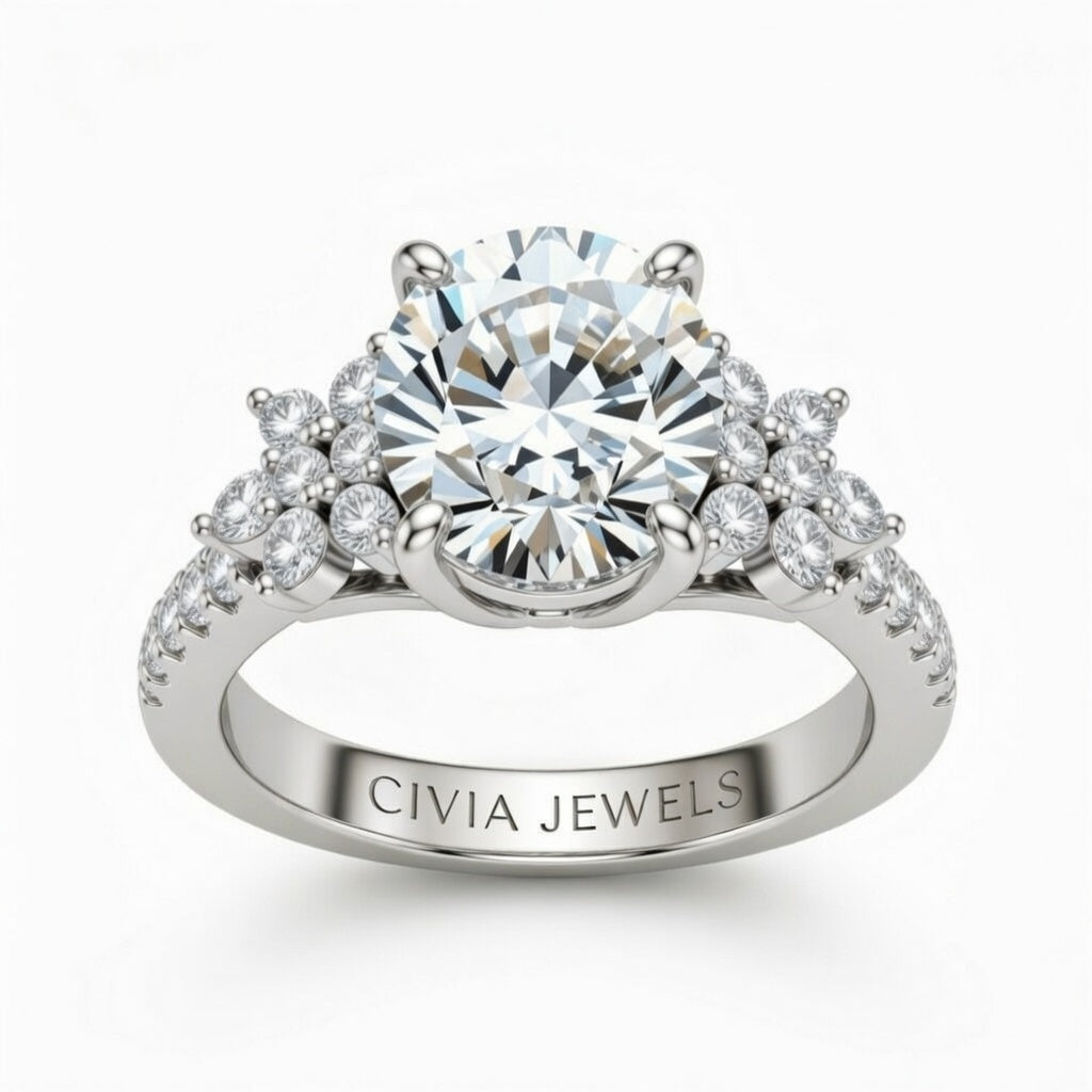 White Gold Round Cut Engagement Ring With Floral Diamond Cluster Sides And Pavé Band
