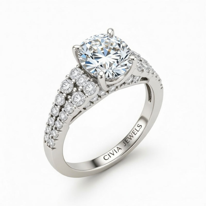 Silver Cushion Cut Solitaire Engagement Ring With Pavé Diamond Band And Classic Four-Prong Setting