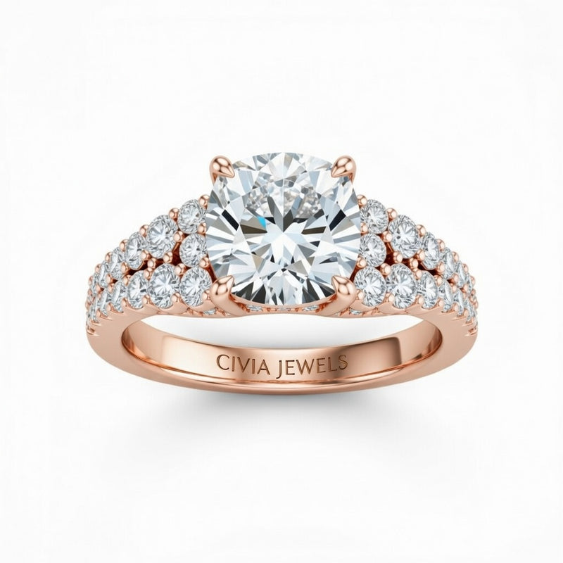 Rose Gold Cushion Cut Solitaire Engagement Ring With Pavé Diamond Band And Classic Four-Prong Setting