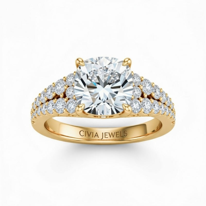 Yellow Gold Cushion Cut Solitaire Engagement Ring With Pavé Diamond Band And Classic Four-Prong Setting