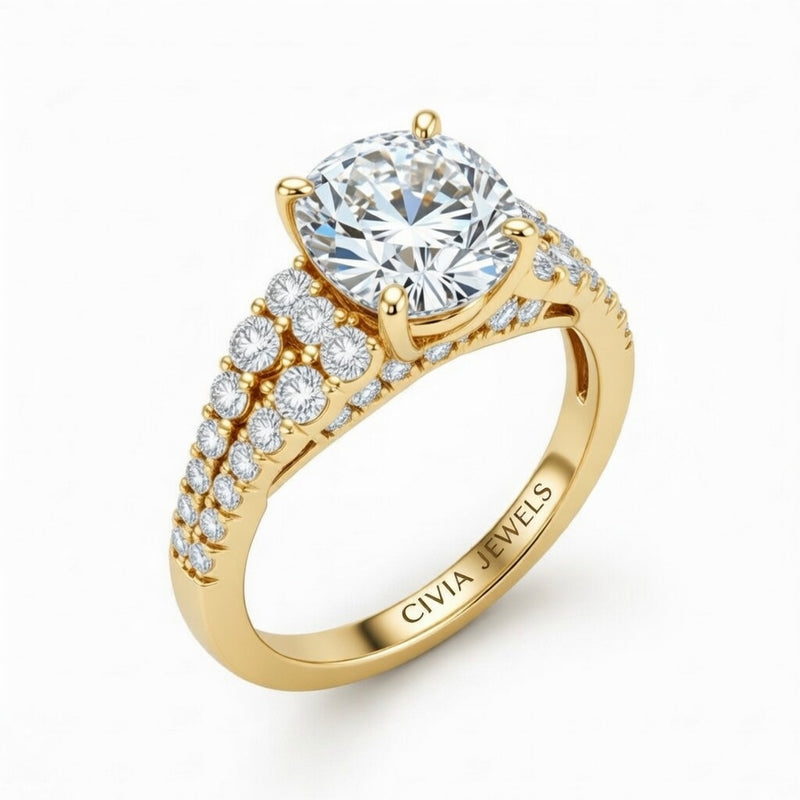 Yellow Gold Cushion Cut Solitaire Engagement Ring With Pavé Diamond Band And Classic Four-Prong Setting
