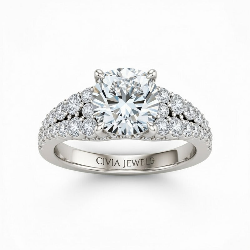 Silver Cushion Cut Solitaire Engagement Ring With Pavé Diamond Band And Classic Four-Prong Setting