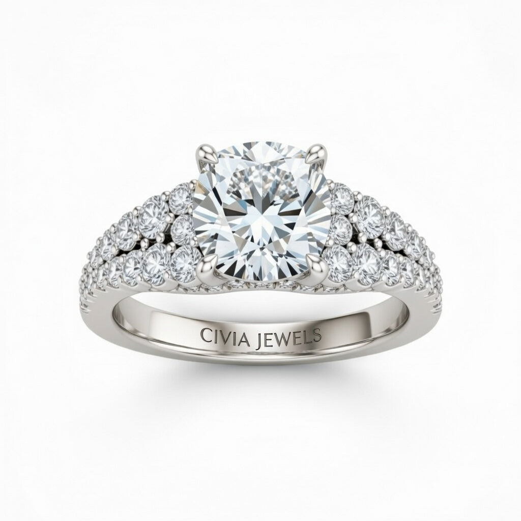 Silver Cushion Cut Solitaire Engagement Ring With Pavé Diamond Band And Classic Four-Prong Setting