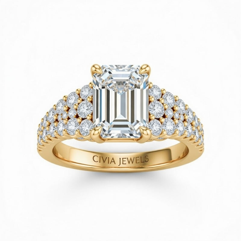 Yellow Gold Emerald Cut Solitaire Engagement Ring With Pavé Diamond Band And Classic Four-Prong Setting