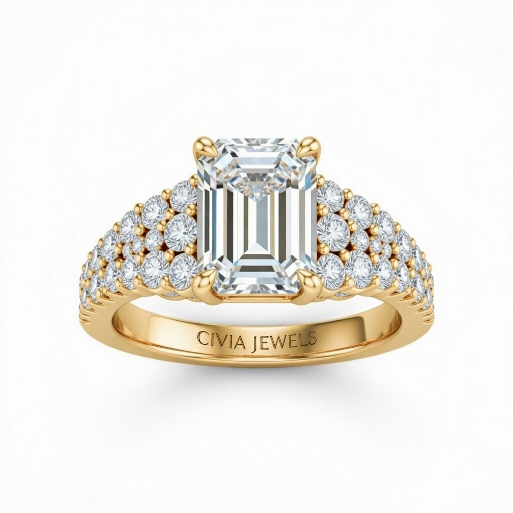 Yellow Gold Emerald Cut Solitaire Engagement Ring With Pavé Diamond Band And Classic Four-Prong Setting