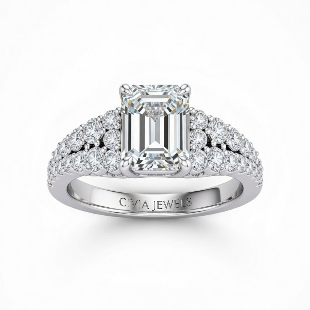 Silver Emerald Cut Solitaire Engagement Ring With Pavé Diamond Band And Classic Four-Prong Setting