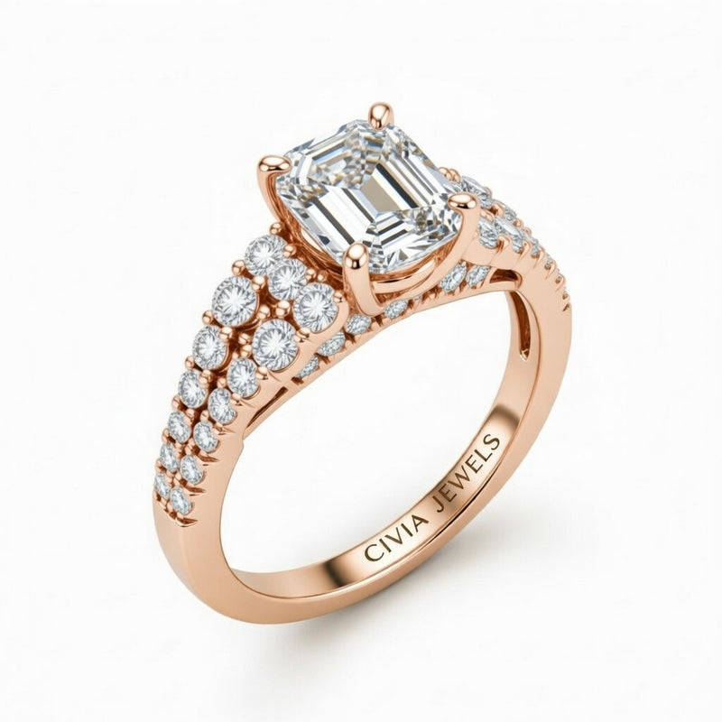 Rose Gold Emerald Cut Solitaire Engagement Ring With Pavé Diamond Band And Classic Four-Prong Setting