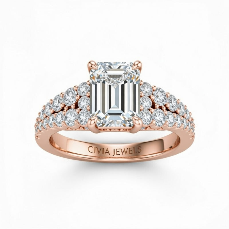 Rose Gold Emerald Cut Solitaire Engagement Ring With Pavé Diamond Band And Classic Four-Prong Setting