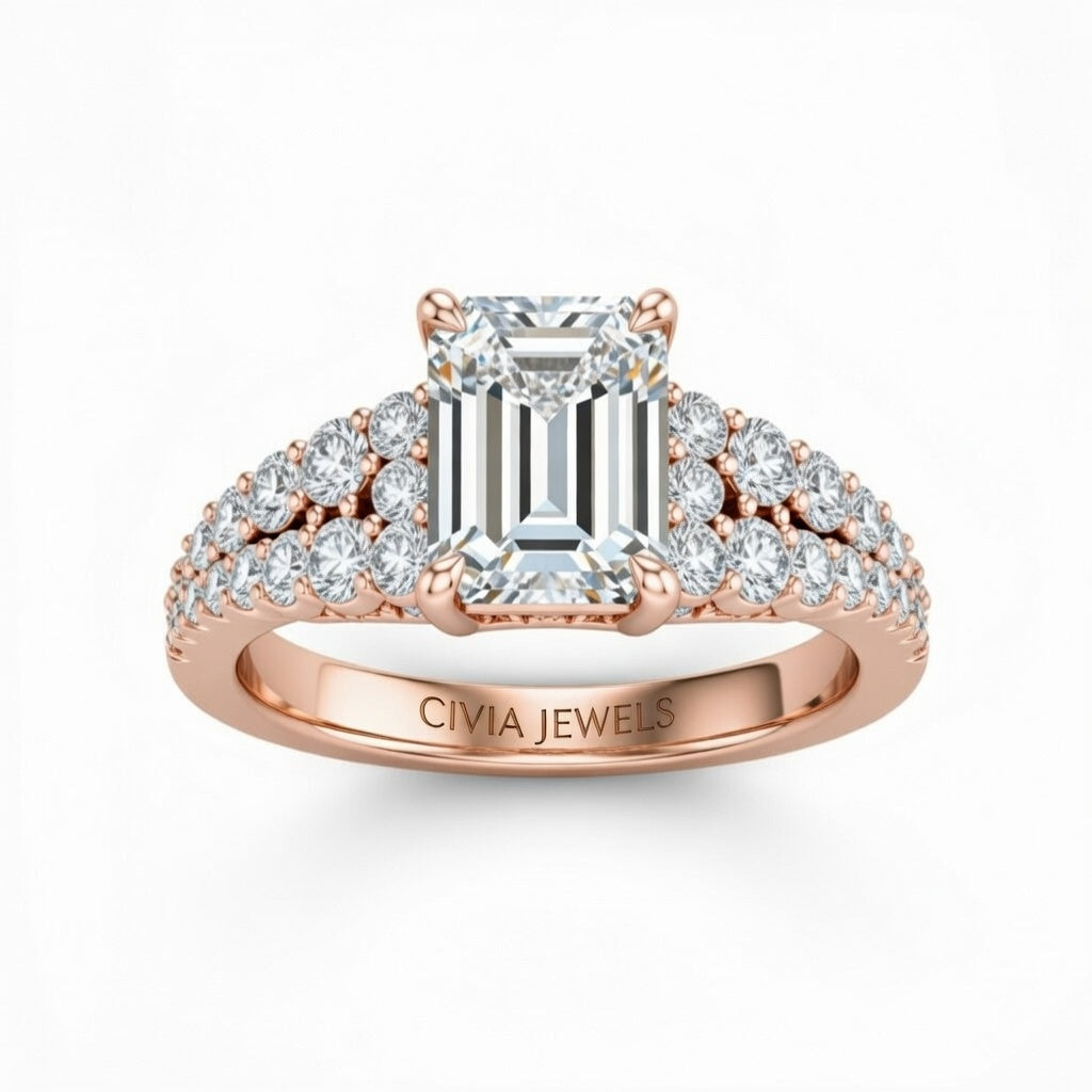 Rose Gold Emerald Cut Solitaire Engagement Ring With Pavé Diamond Band And Classic Four-Prong Setting
