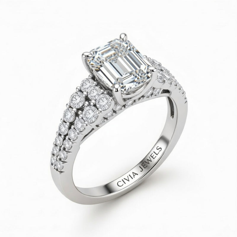 Silver Emerald Cut Solitaire Engagement Ring With Pavé Diamond Band And Classic Four-Prong Setting