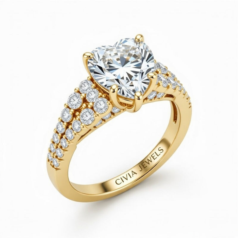 Yellow Gold Heart Cut Solitaire Engagement Ring With Pavé Diamond Band And Classic Four-Prong Setting