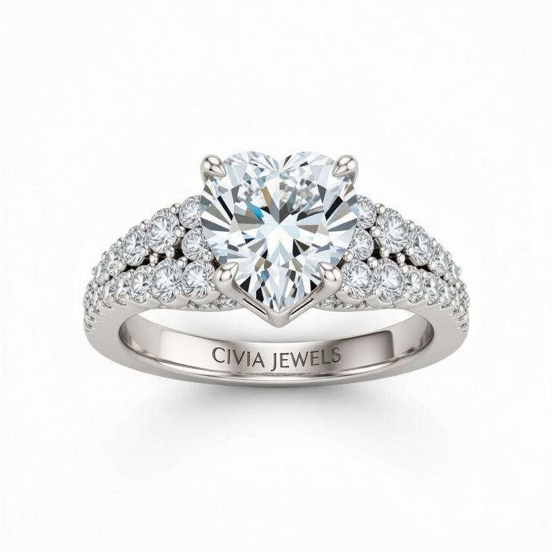 White Gold Heart Cut Solitaire Engagement Ring With Pavé Diamond Band And Classic Four-Prong Setting