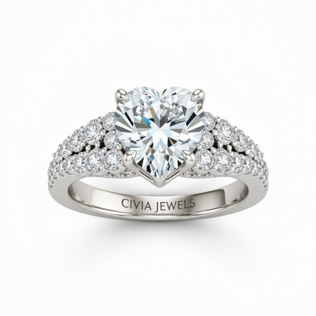 White Gold Heart Cut Solitaire Engagement Ring With Pavé Diamond Band And Classic Four-Prong Setting